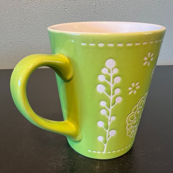 NOW DESIGNS Green Engraved Incised Partridge Dove Bird  Leaf Floral Cup Mug - Picture 6 of 13